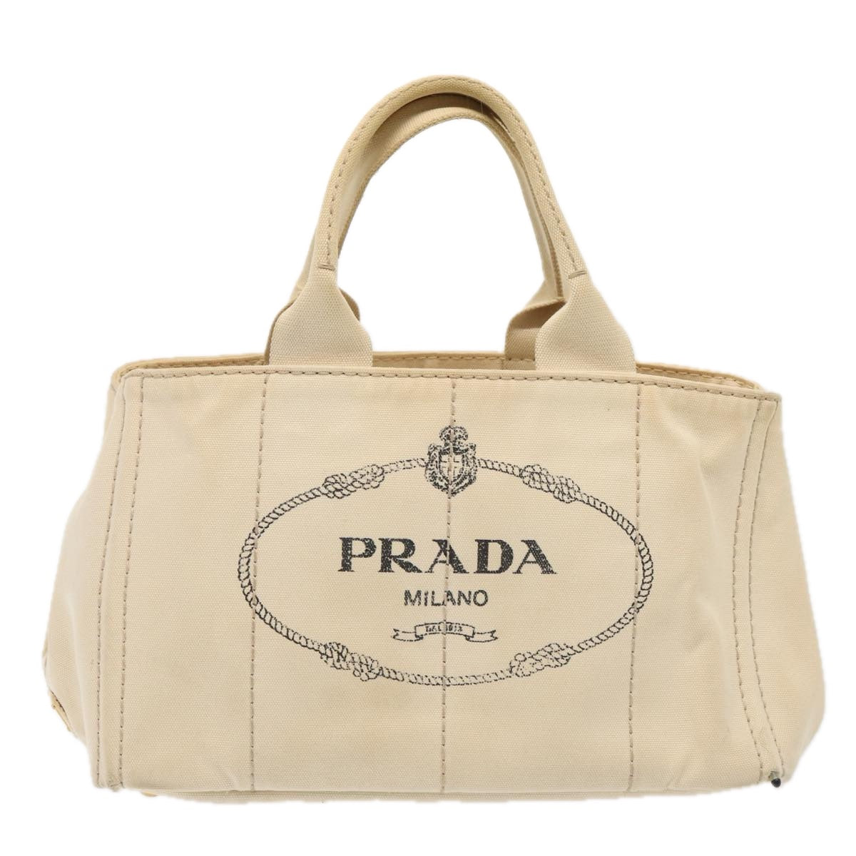 PRADA Canapa MM Hand Bag Canvas White Gold Auth fm3744