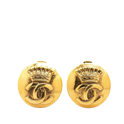 Chanel Gold Plated Coco Mark Crown Round Earrings 96A