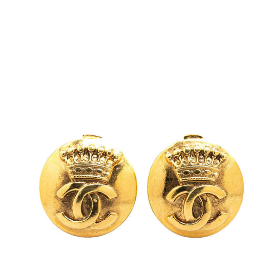 Chanel Gold Plated Coco Mark Crown Round Earrings 96A