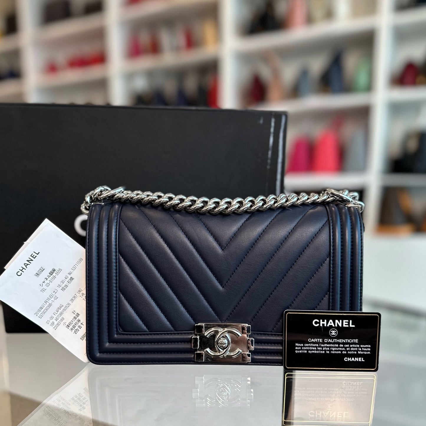 *Full Set Receipt* Boy Lambskin Old Medium 25CM Chevron Dark Blue SHW No 22
