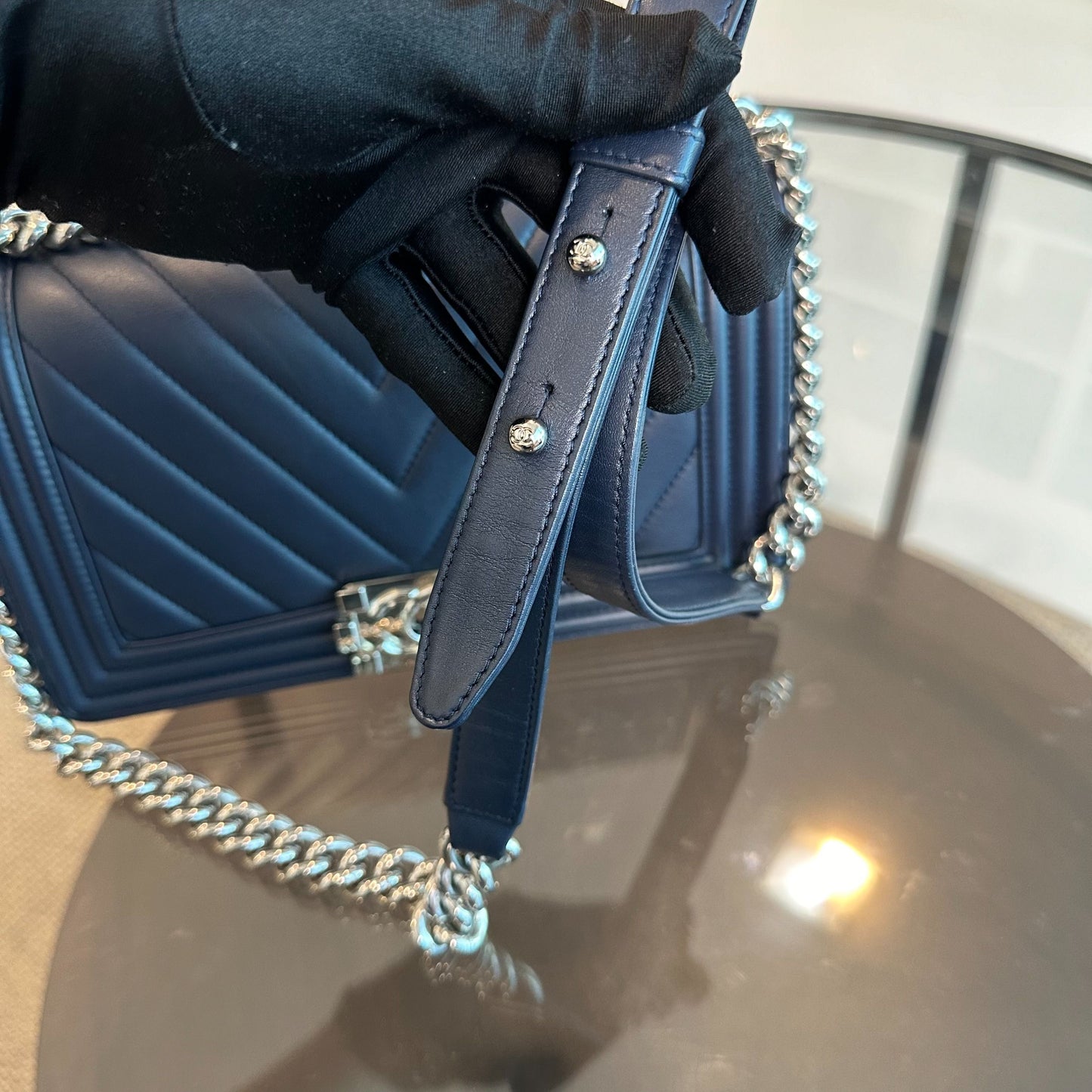 *Full Set Receipt* Boy Lambskin Old Medium 25CM Chevron Dark Blue SHW No 22