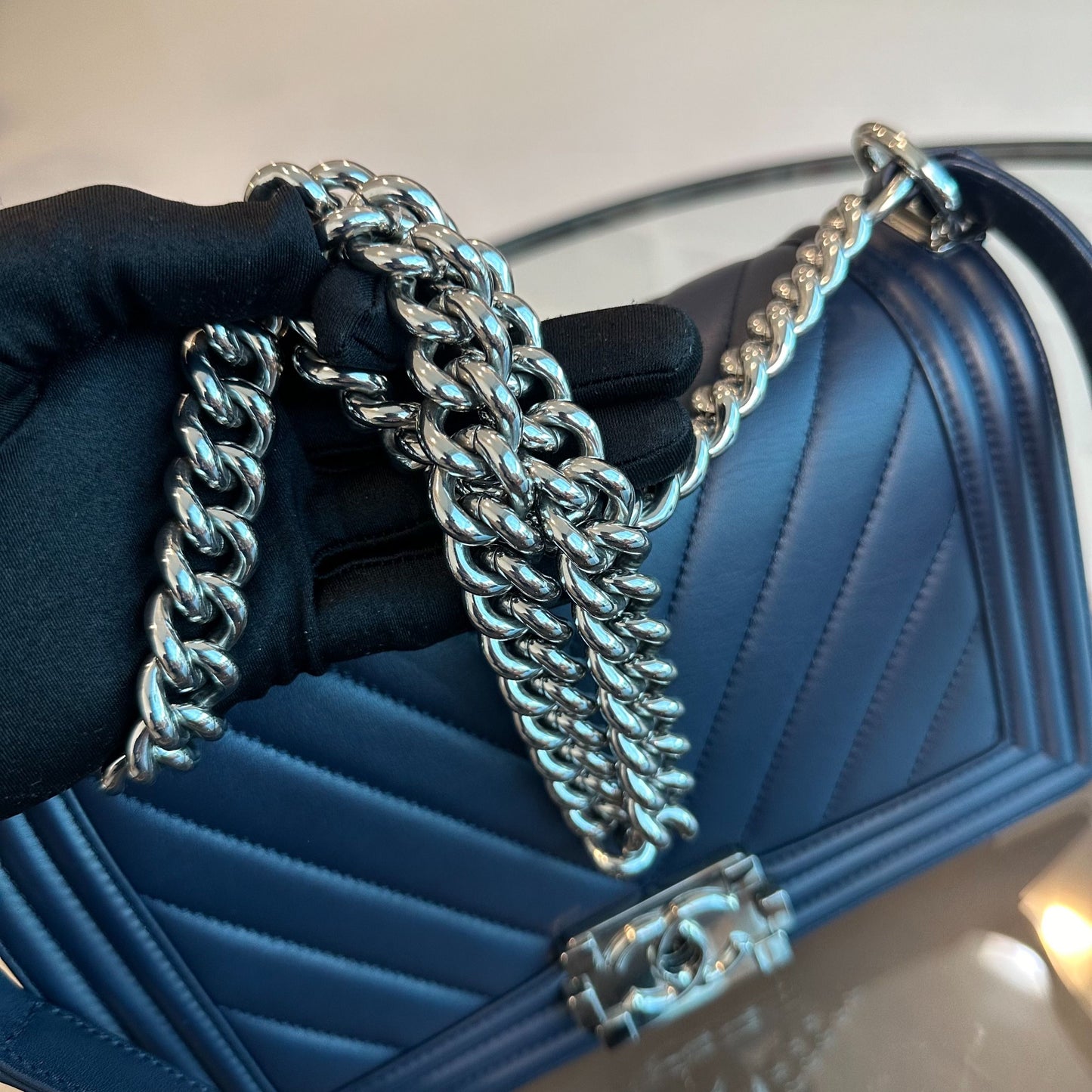 *Full Set Receipt* Boy Lambskin Old Medium 25CM Chevron Dark Blue SHW No 22