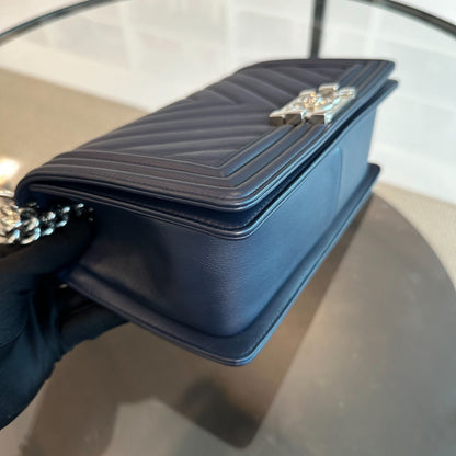 *Full Set Receipt* Boy Lambskin Old Medium 25CM Chevron Dark Blue SHW No 22