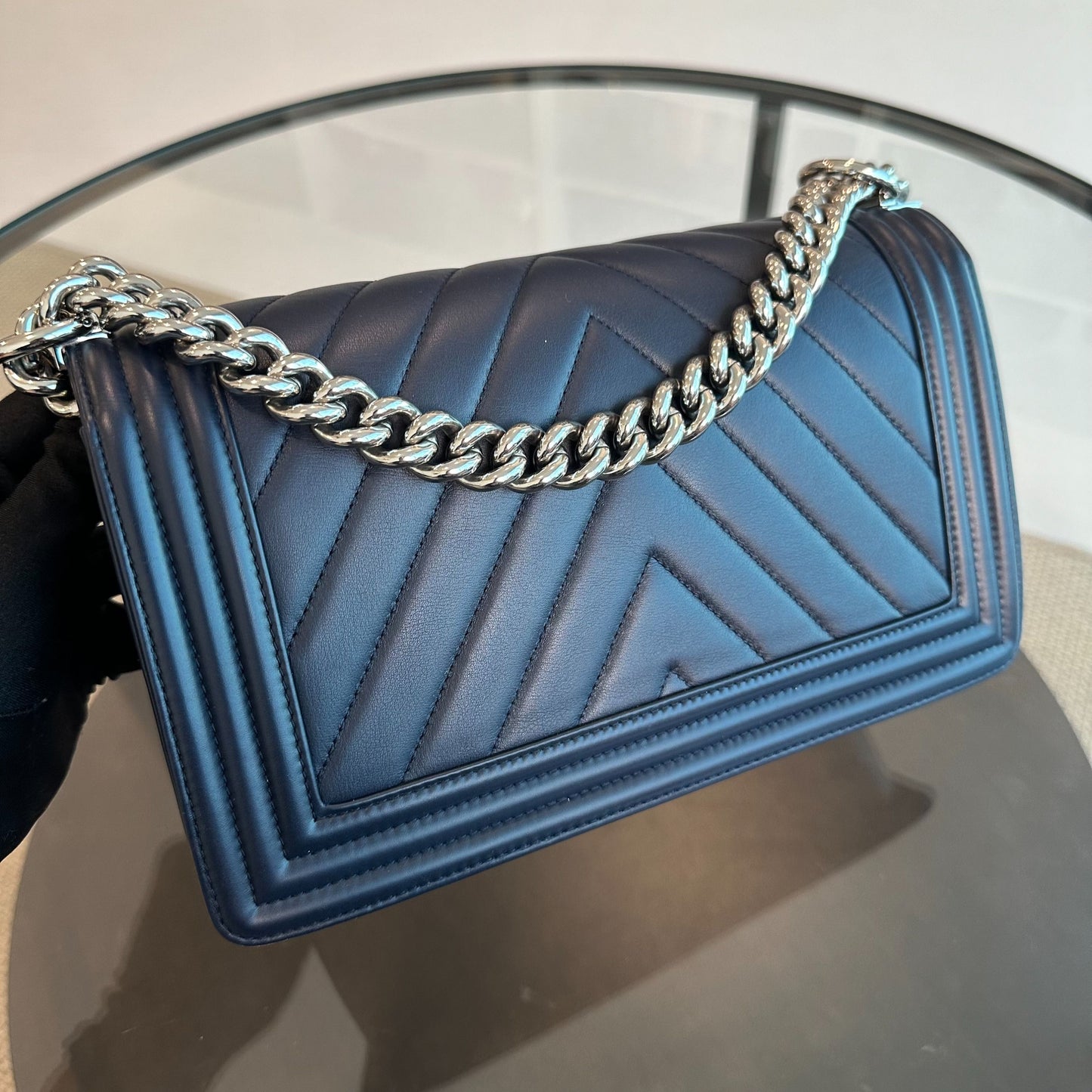 *Full Set Receipt* Boy Lambskin Old Medium 25CM Chevron Dark Blue SHW No 22