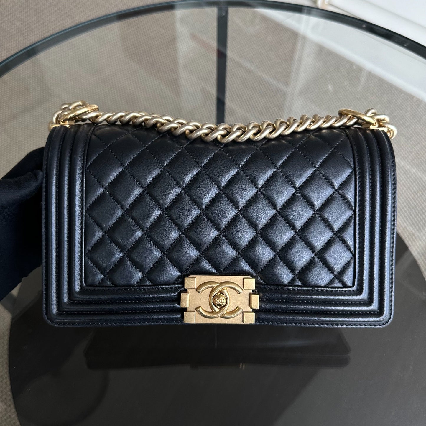 *Full set, Receipt* Boy Old Medium 25CM Lambskin Quilted Lambskin Black GHW No 22