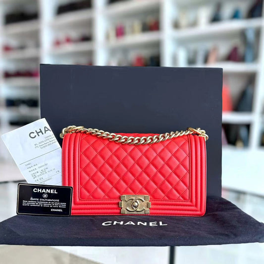 *Full Set, Receipt* Boy Old Medium 25CM Quilted Calfskin Red Leboy Golden Hardware Series 23