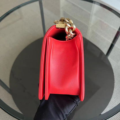 *Full Set, Receipt* Boy Old Medium 25CM Quilted Calfskin Red Leboy Golden Hardware Series 23