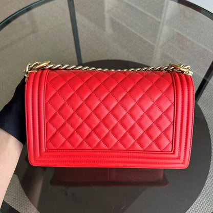 *Full Set, Receipt* Boy Old Medium 25CM Quilted Calfskin Red Leboy Golden Hardware Series 23
