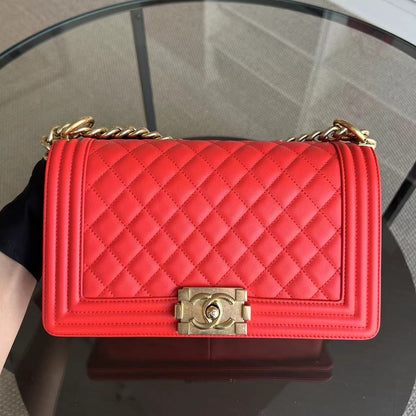 *Full Set, Receipt* Boy Old Medium 25CM Quilted Calfskin Red Leboy Golden Hardware Series 23