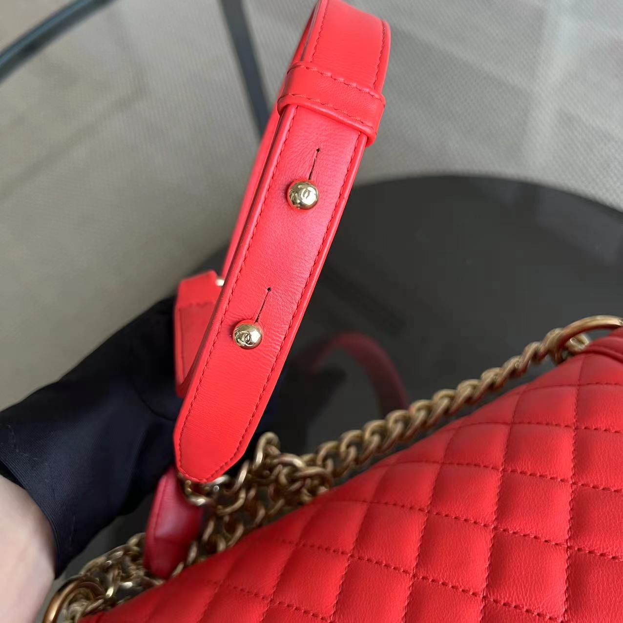 *Full Set, Receipt* Boy Old Medium 25CM Quilted Calfskin Red Leboy Golden Hardware Series 23