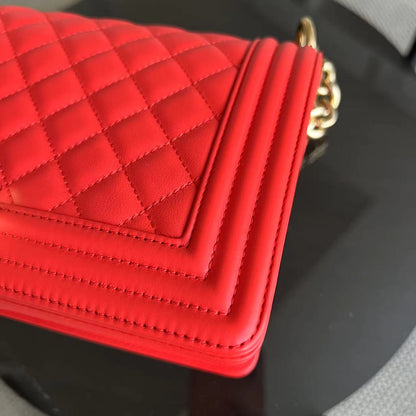 *Full Set, Receipt* Boy Old Medium 25CM Quilted Calfskin Red Leboy Golden Hardware Series 23