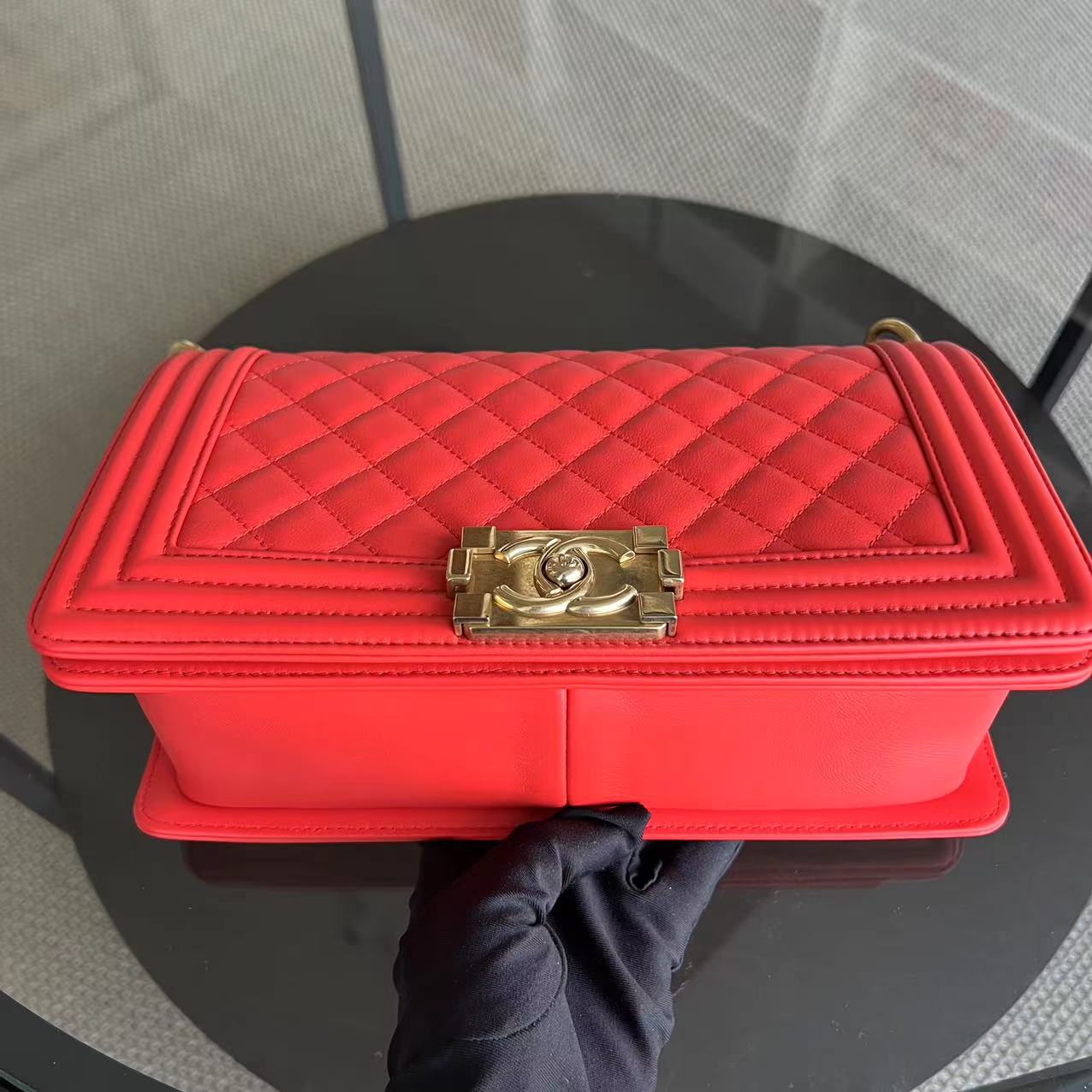 *Full Set, Receipt* Boy Old Medium 25CM Quilted Calfskin Red Leboy Golden Hardware Series 23