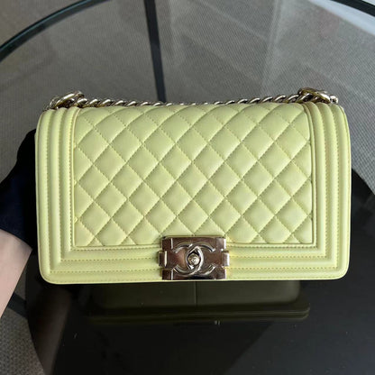 *Full Set Receipt* Boy Old Medium 25CM Quilted Calfskin Yellow Golden Hardware Series 22