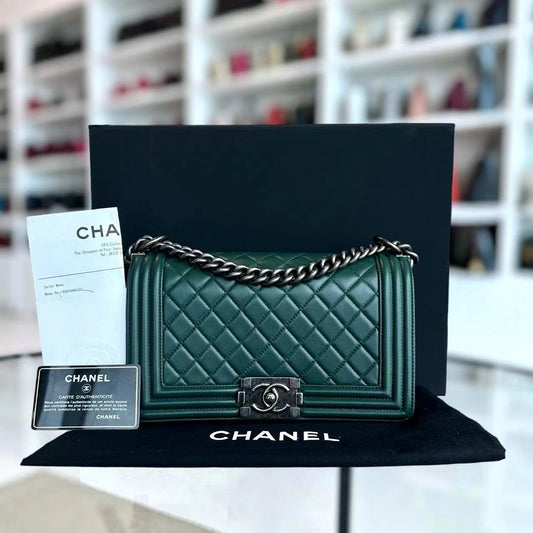 *Full Set, Receipt* Boy Old Medium 25CM Quilted Lambskin Dark Green Leboy Silver Hardware Series 21
