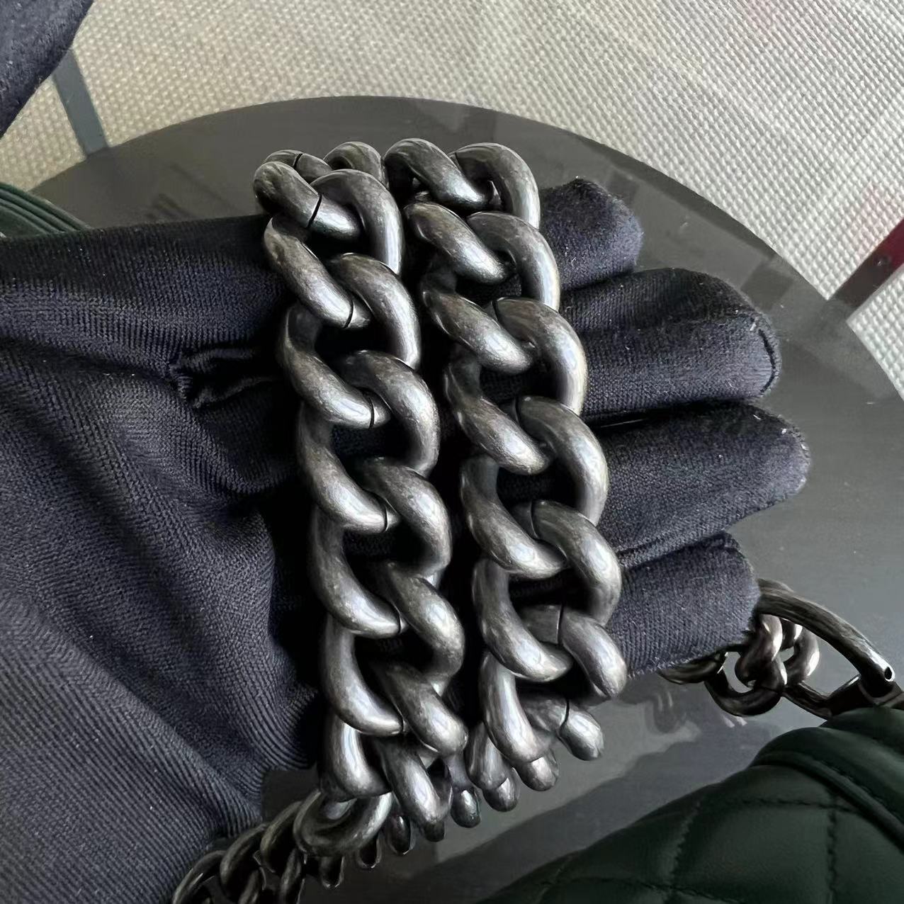 *Full Set, Receipt* Boy Old Medium 25CM Quilted Lambskin Dark Green Leboy Silver Hardware Series 21