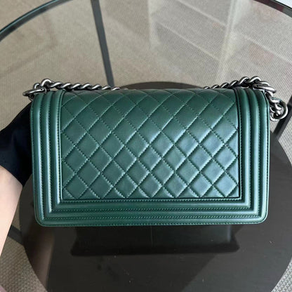 *Full Set, Receipt* Boy Old Medium 25CM Quilted Lambskin Dark Green Leboy Silver Hardware Series 21