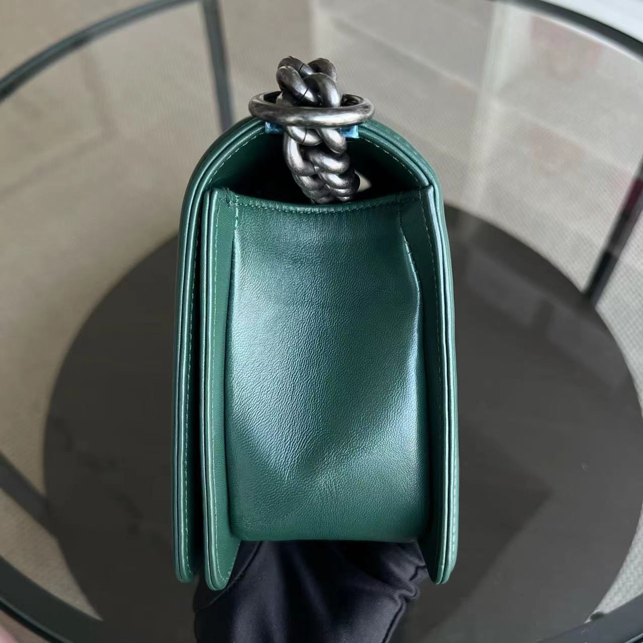 *Full Set, Receipt* Boy Old Medium 25CM Quilted Lambskin Dark Green Leboy Silver Hardware Series 21