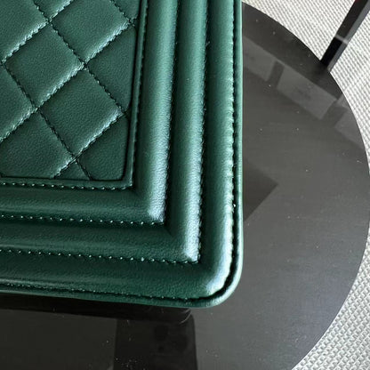 *Full Set, Receipt* Boy Old Medium 25CM Quilted Lambskin Dark Green Leboy Silver Hardware Series 21