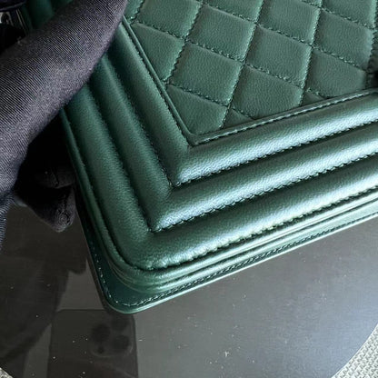 *Full Set, Receipt* Boy Old Medium 25CM Quilted Lambskin Dark Green Leboy Silver Hardware Series 21