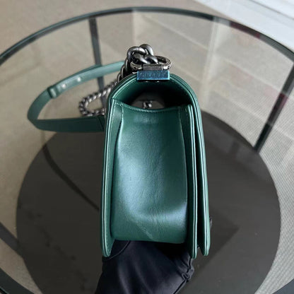 *Full Set, Receipt* Boy Old Medium 25CM Quilted Lambskin Dark Green Leboy Silver Hardware Series 21
