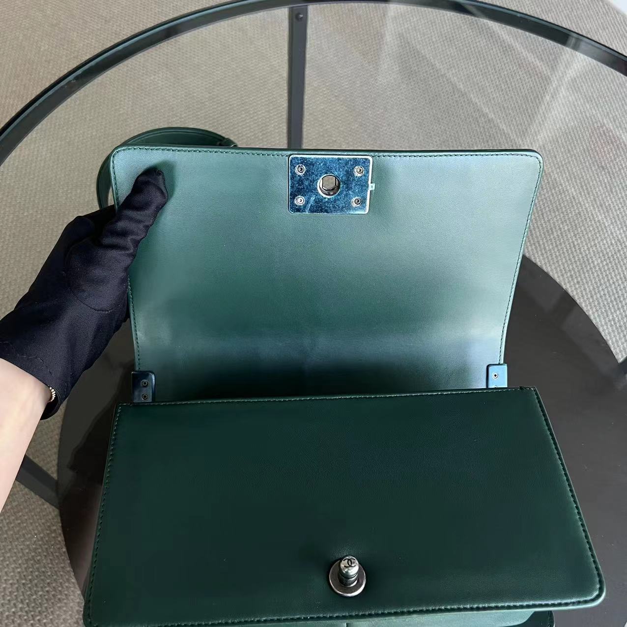 *Full Set, Receipt* Boy Old Medium 25CM Quilted Lambskin Dark Green Leboy Silver Hardware Series 21