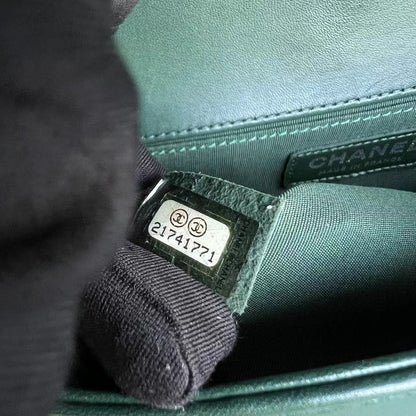 *Full Set, Receipt* Boy Old Medium 25CM Quilted Lambskin Dark Green Leboy Silver Hardware Series 21
