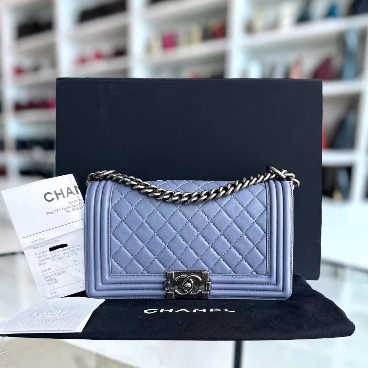 *Full Set, Receipt* Boy Old Medium 25CM Quilted Lambskin Lavender Light Purple Silver Hardware Series 15