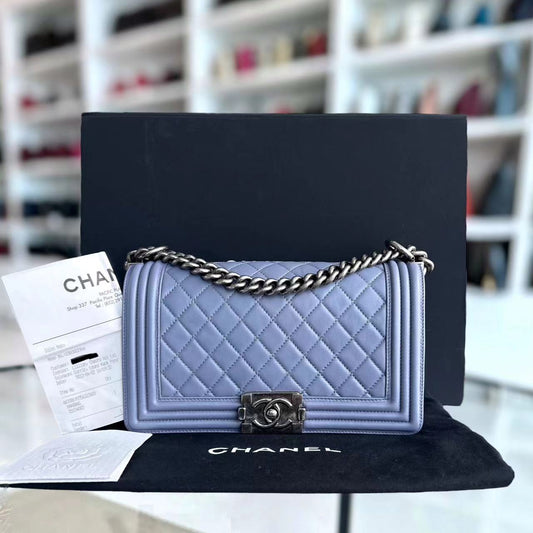 *Full Set, Receipt* Boy Old Medium 25CM Quilted Lambskin Lavender Light Purple Silver Hardware Series 15