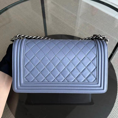 *Full Set, Receipt* Boy Old Medium 25CM Quilted Lambskin Lavender Light Purple Silver Hardware Series 15
