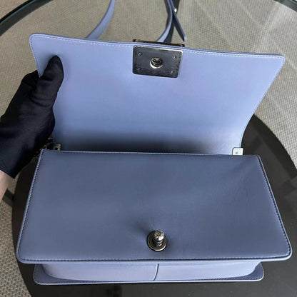 *Full Set, Receipt* Boy Old Medium 25CM Quilted Lambskin Lavender Light Purple Silver Hardware Series 15
