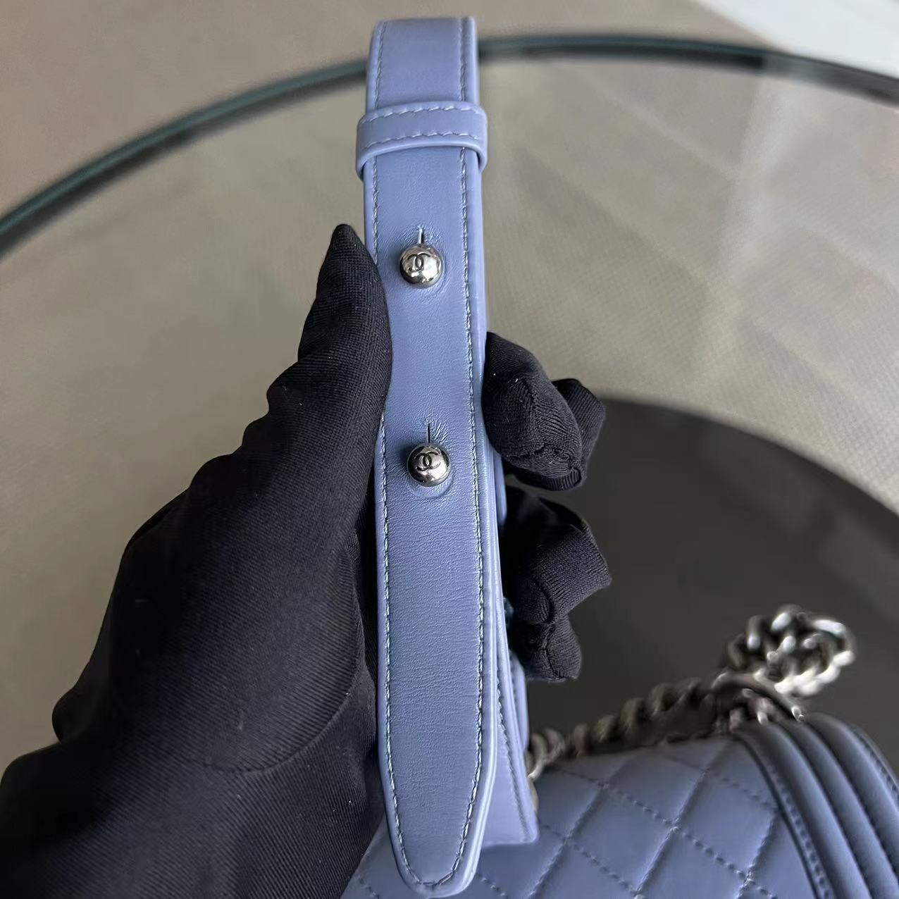 *Full Set, Receipt* Boy Old Medium 25CM Quilted Lambskin Lavender Light Purple Silver Hardware Series 15