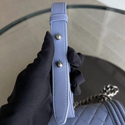 *Full Set, Receipt* Boy Old Medium 25CM Quilted Lambskin Lavender Light Purple Silver Hardware Series 15