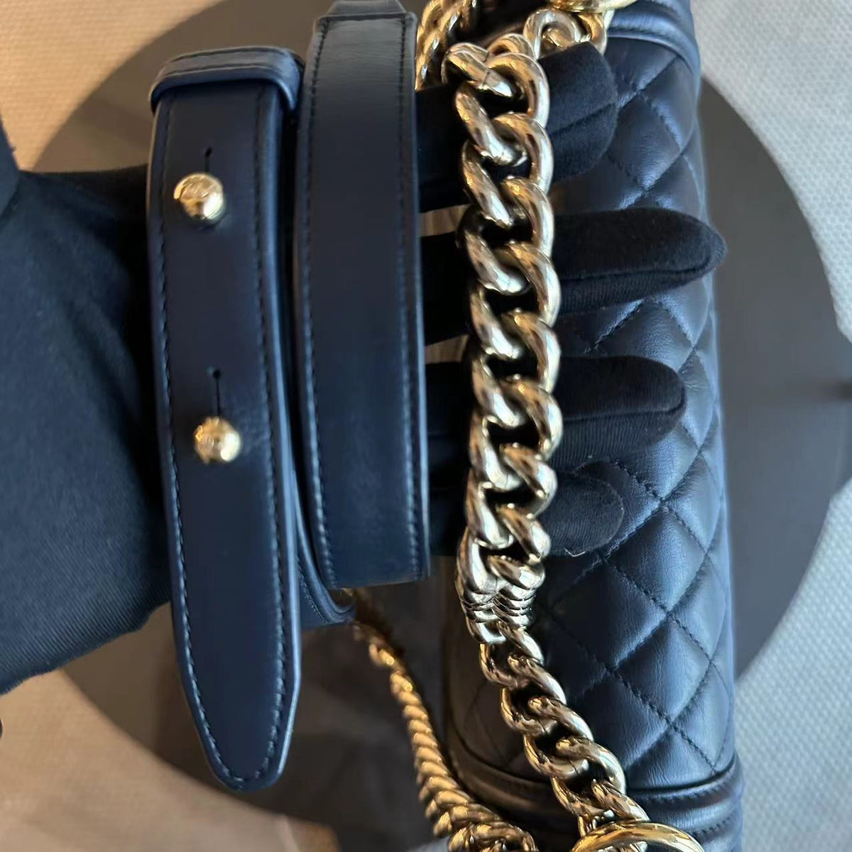 *Full Set Receipt* Boy Old Medium Quilted Calfskin Leboy 25CM Dark Blue GHW No 25
