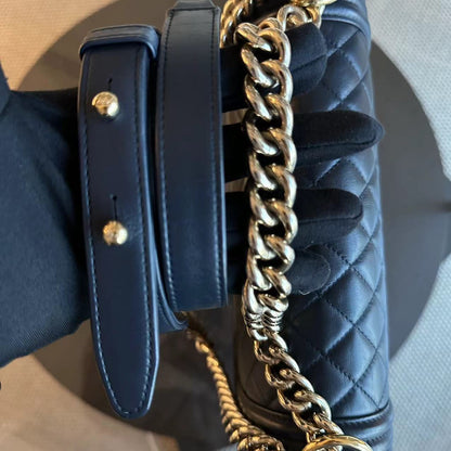 *Full Set Receipt* Boy Old Medium Quilted Calfskin Leboy 25CM Dark Blue GHW No 25