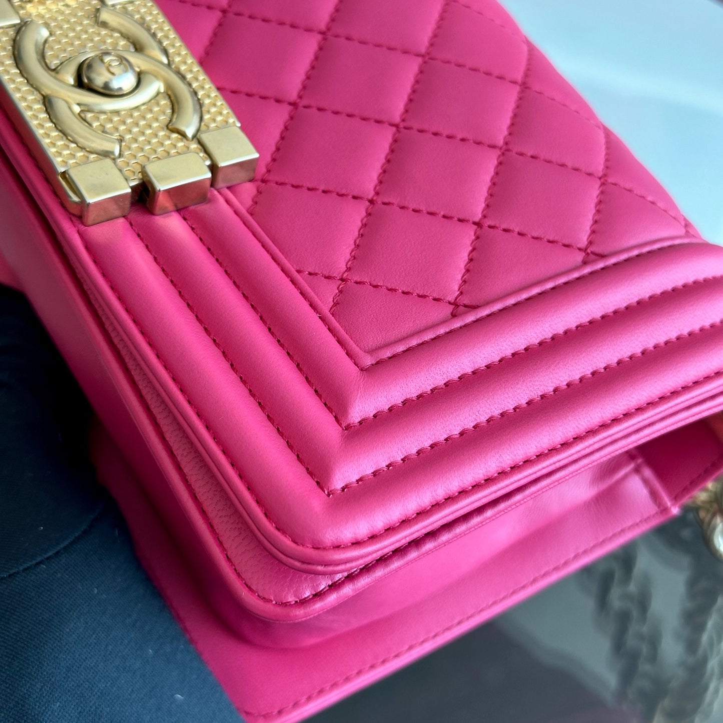 *Full Set, Receipt* Small 20CM Quilted Lambskin Hot Pink Leboy GHW No 23