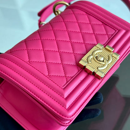 *Full Set, Receipt* Small 20CM Quilted Lambskin Hot Pink Leboy GHW No 23