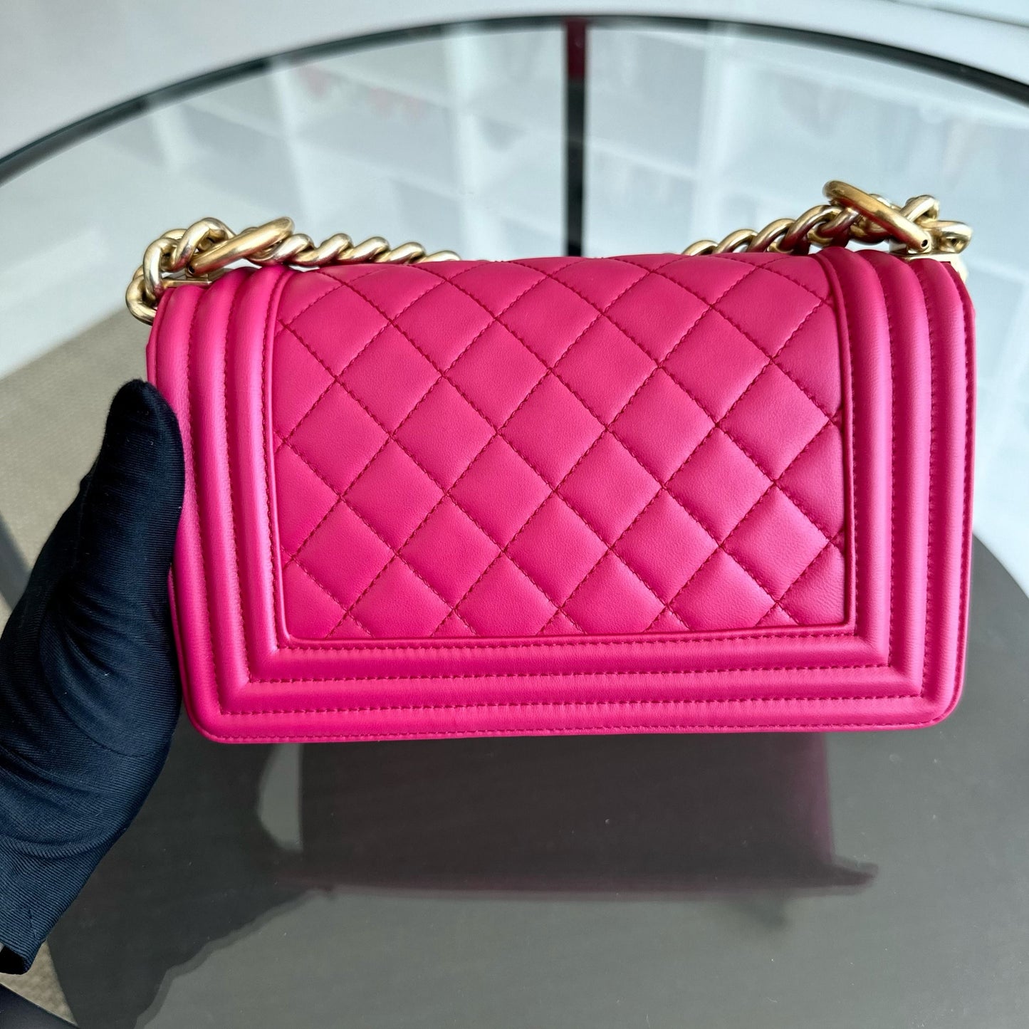 *Full Set, Receipt* Small 20CM Quilted Lambskin Hot Pink Leboy GHW No 23
