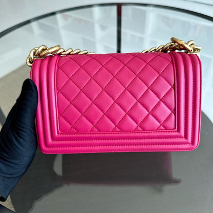 *Full Set, Receipt* Small 20CM Quilted Lambskin Hot Pink Leboy GHW No 23