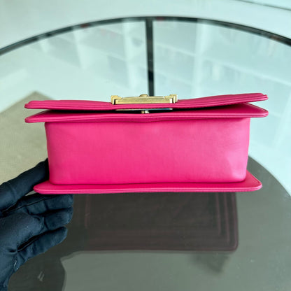 *Full Set, Receipt* Small 20CM Quilted Lambskin Hot Pink Leboy GHW No 23