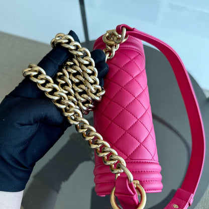 *Full Set, Receipt* Small 20CM Quilted Lambskin Hot Pink Leboy GHW No 23