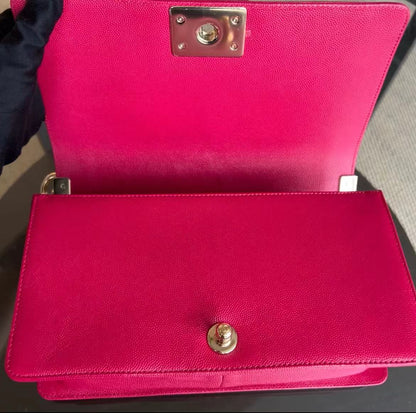 *Full Set, Receipt* Caviar Boy Old Medium 25CM Quilted Calfskin Hot Pink GHW LGHW No 23