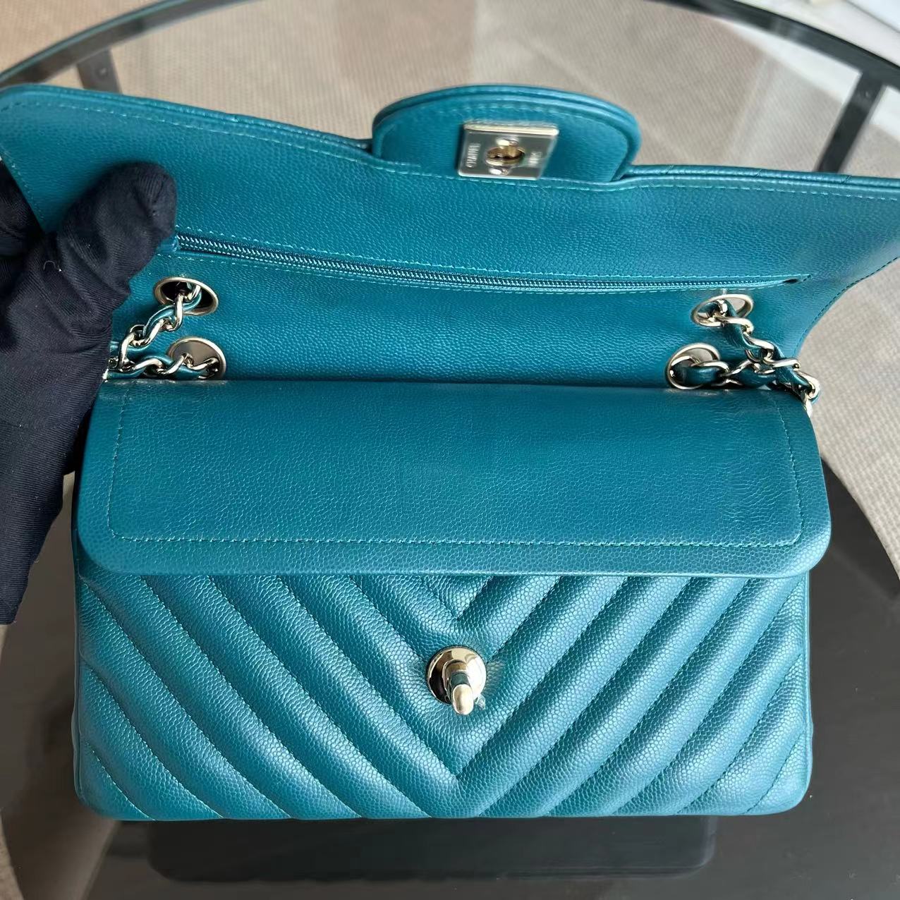 *Full Set Receipt* Caviar Small 23CM Chevron Calfskin Jade Green Blue GHW No 26