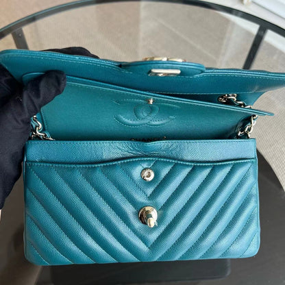 *Full Set Receipt* Caviar Small 23CM Chevron Calfskin Jade Green Blue GHW No 26