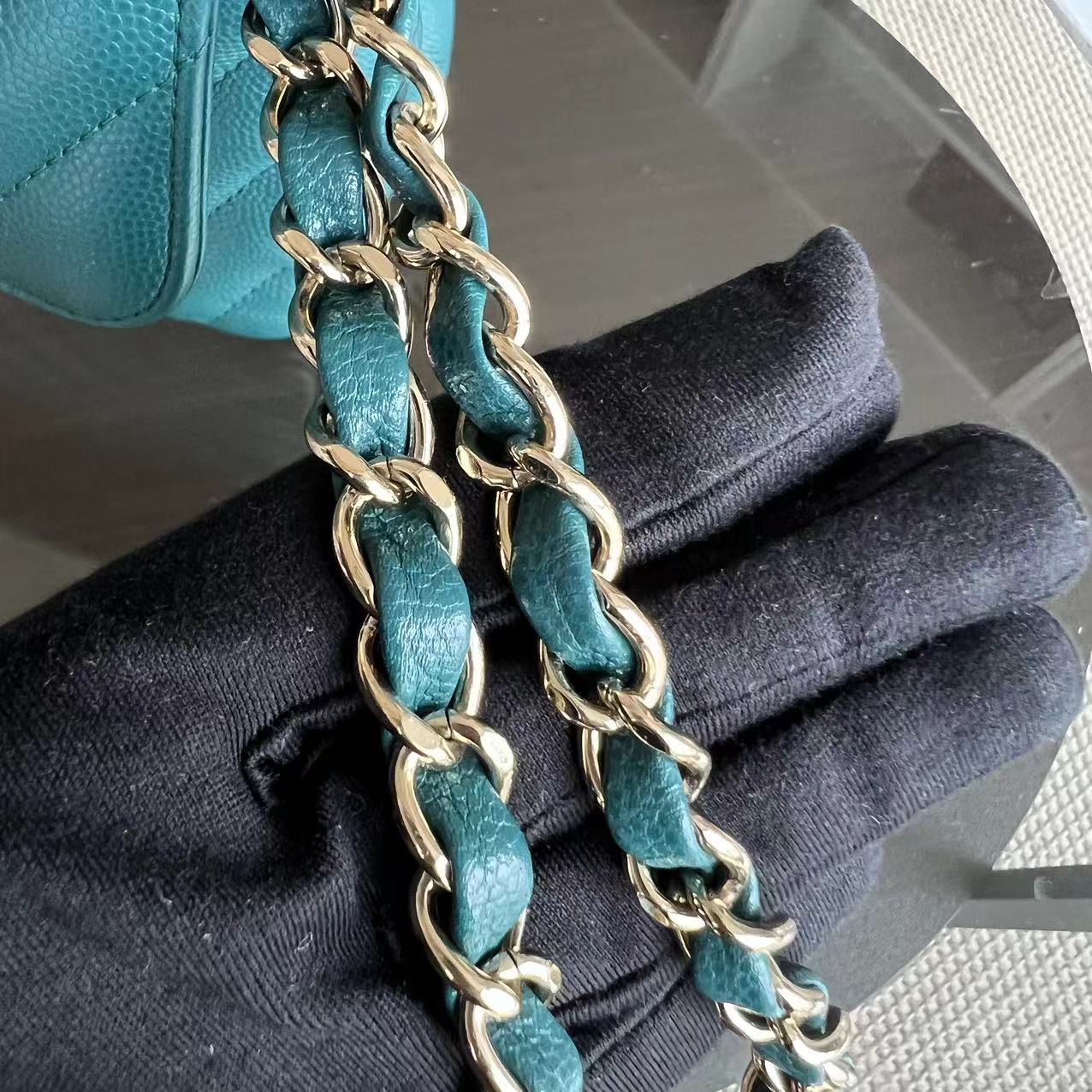 *Full Set Receipt* Caviar Small 23CM Chevron Calfskin Jade Green Blue GHW No 26