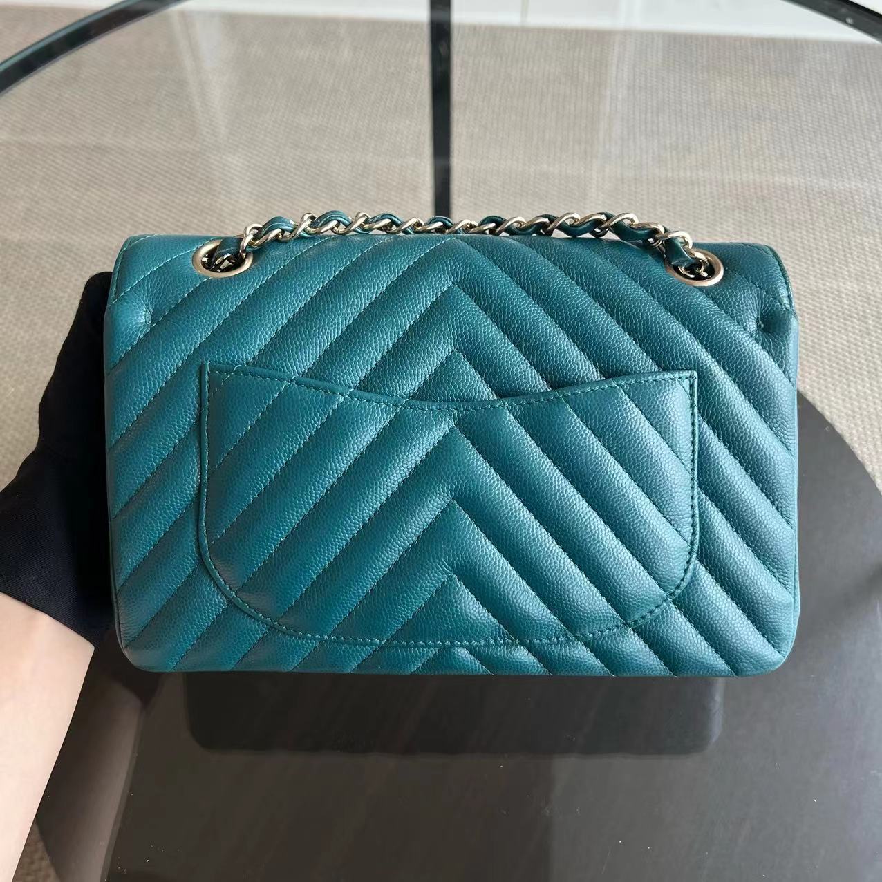 *Full Set Receipt* Caviar Small 23CM Chevron Calfskin Jade Green Blue GHW No 26