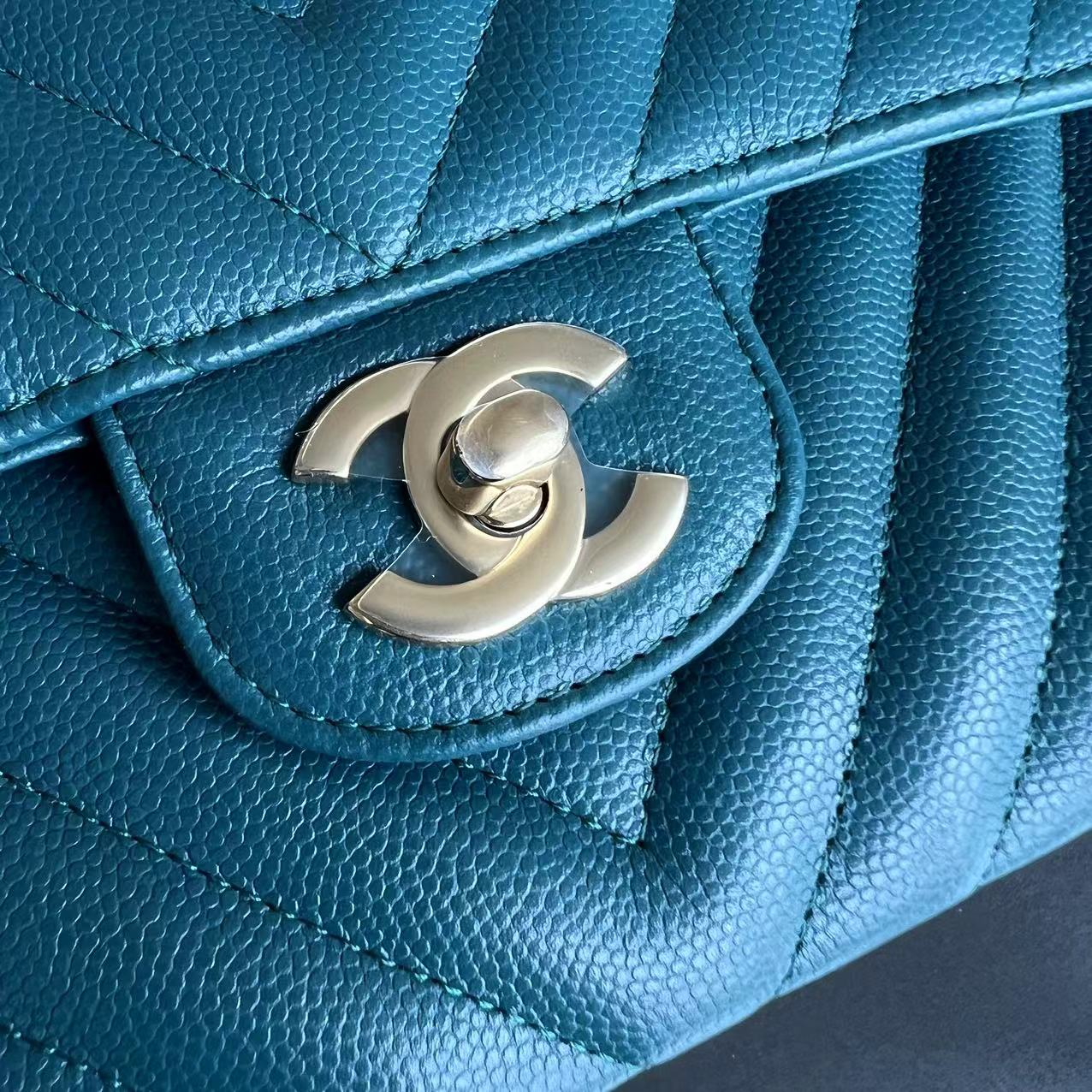 *Full Set Receipt* Caviar Small 23CM Chevron Calfskin Jade Green Blue GHW No 26