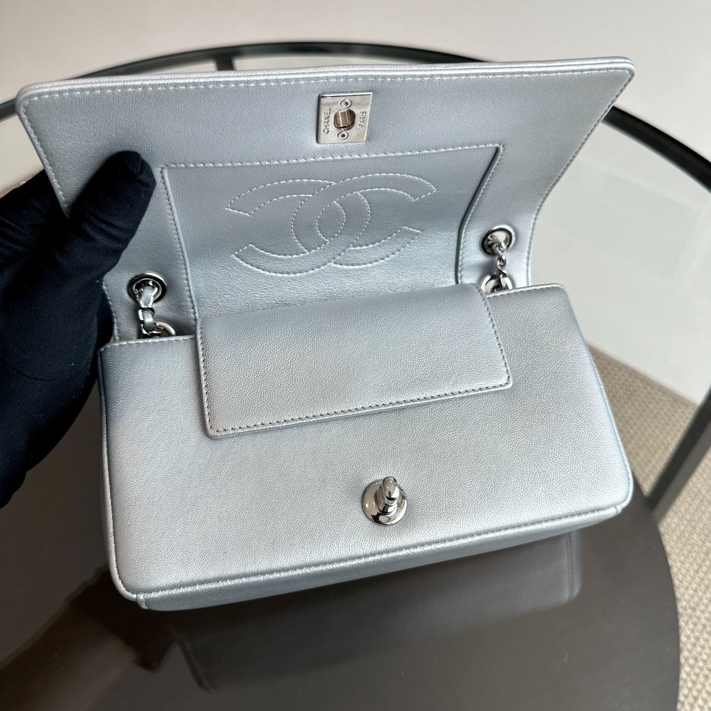 *Full Set, Receipt* Mademoiselle Small Seasonal Double Flap Calfskin Quilted Silver No 24