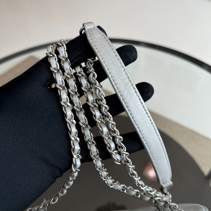 *Full Set, Receipt* Mademoiselle Small Seasonal Double Flap Calfskin Quilted Silver No 24