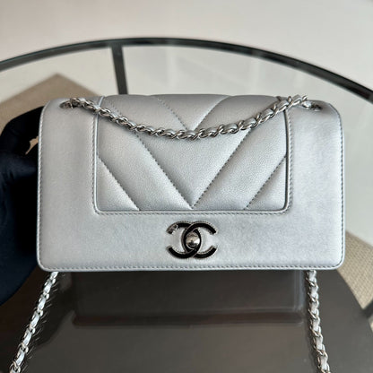 *Full Set, Receipt* Mademoiselle Small Seasonal Double Flap Calfskin Quilted Silver No 24