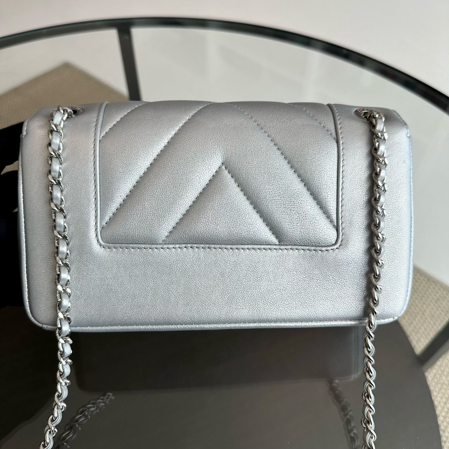 *Full Set, Receipt* Mademoiselle Small Seasonal Double Flap Calfskin Quilted Silver No 24